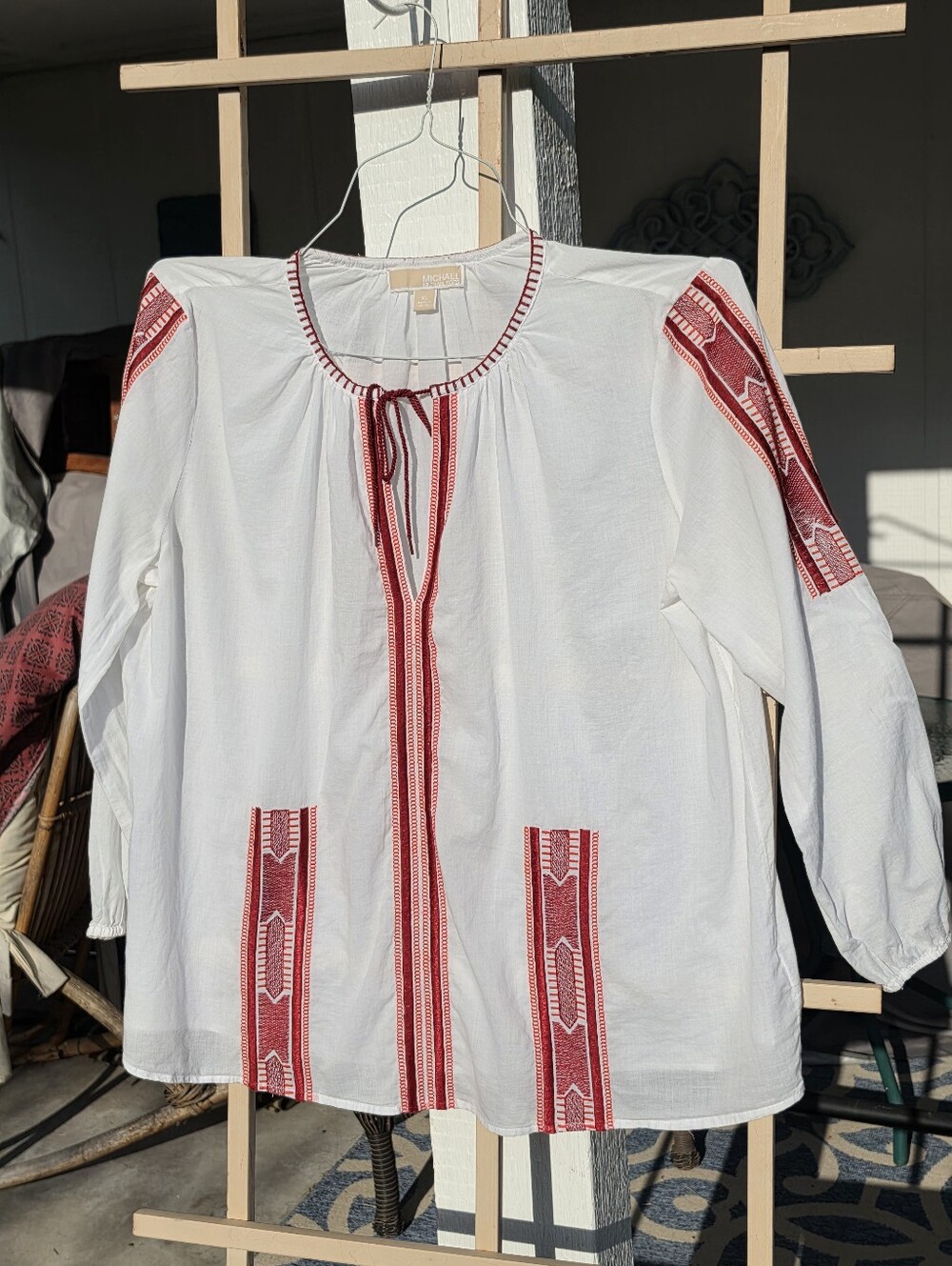 Michael Kors White Embroidered Peasant Blouse with Red Accents XL